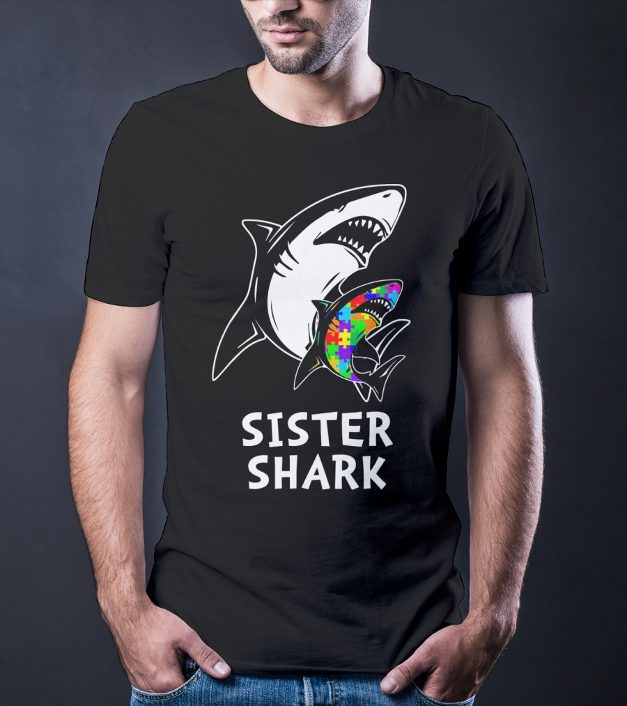 Sister Shark Autism Awareness Puzzle T-Shirt