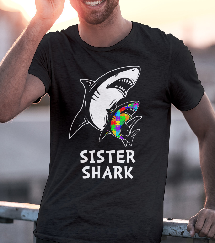 Sister Shark Autism Awareness Puzzle T-Shirt