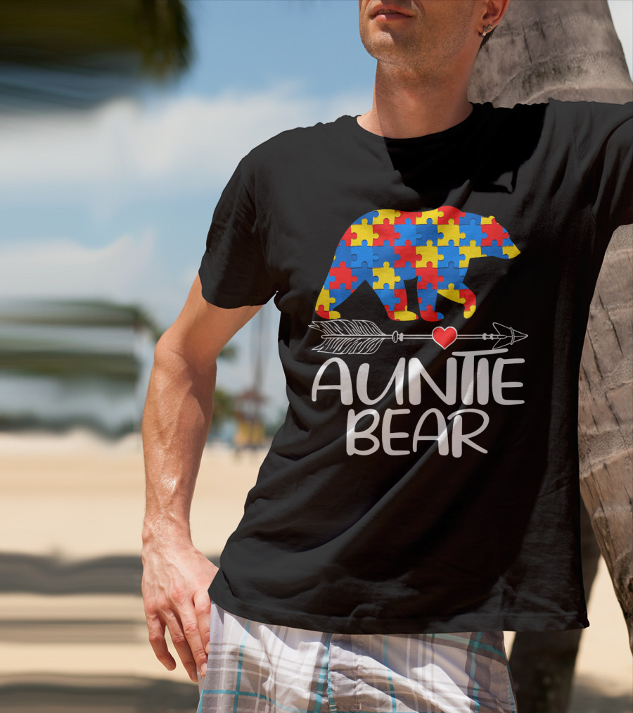 Autism Awareness Auntie Bear Puzzle Heart Arrow T-Shirt