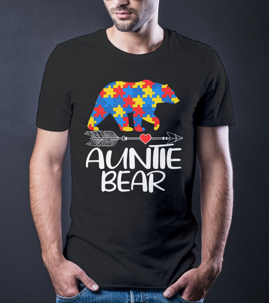 Autism Awareness Auntie Bear Puzzle Heart Arrow T-Shirt