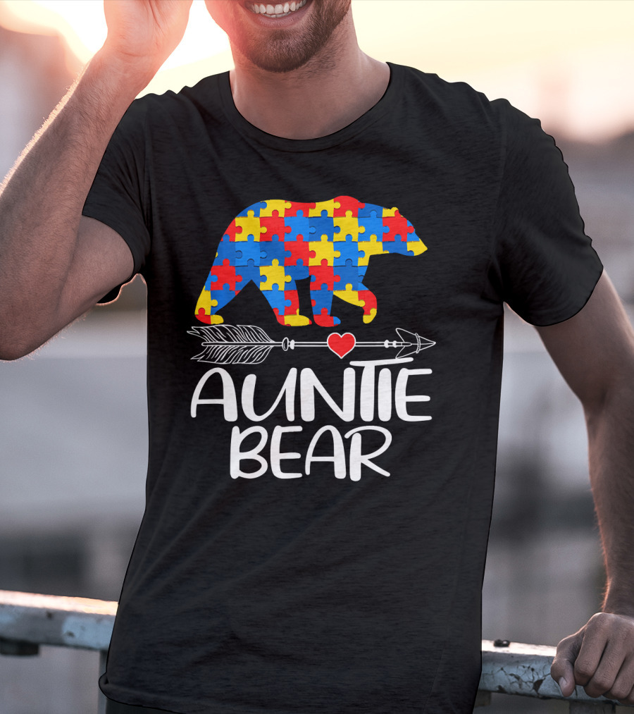 Autism Awareness Auntie Bear Puzzle Heart Arrow T-Shirt