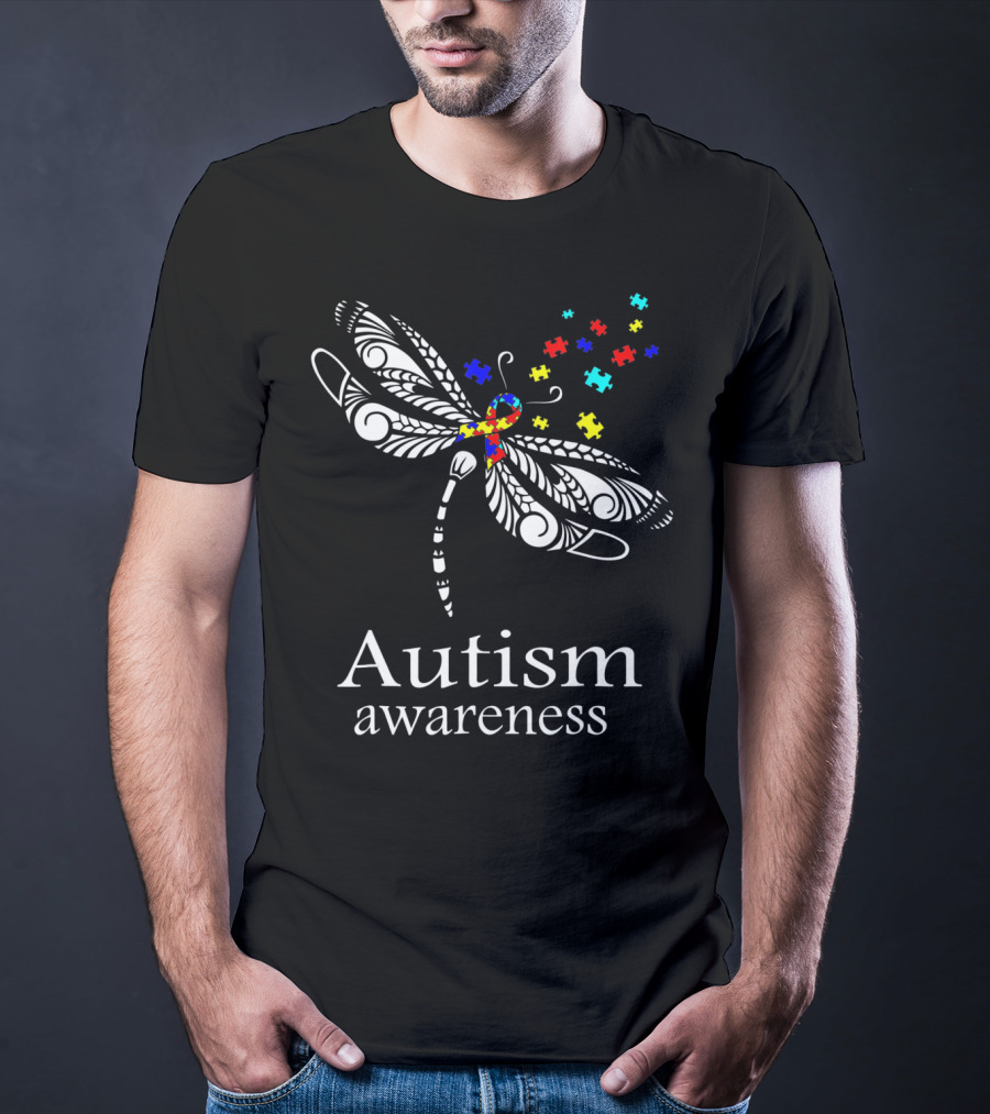 Autism Awareness Dragonfly Puzzle Pieces Symbolizing Support T-Shirt
