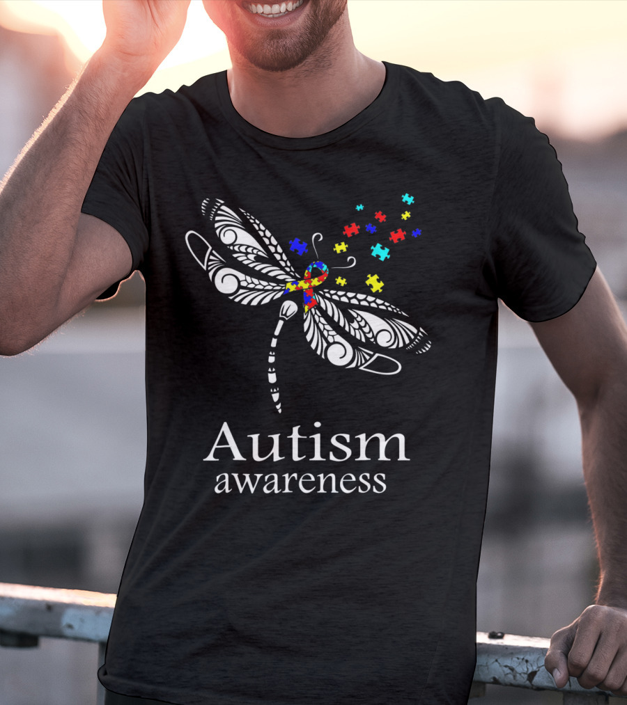 Autism Awareness Dragonfly Puzzle Pieces Symbolizing Support T-Shirt