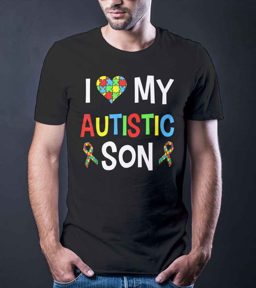 I Love My Autistic Son With Puzzle Heart And Autism Awareness Ribbons T-Shirt