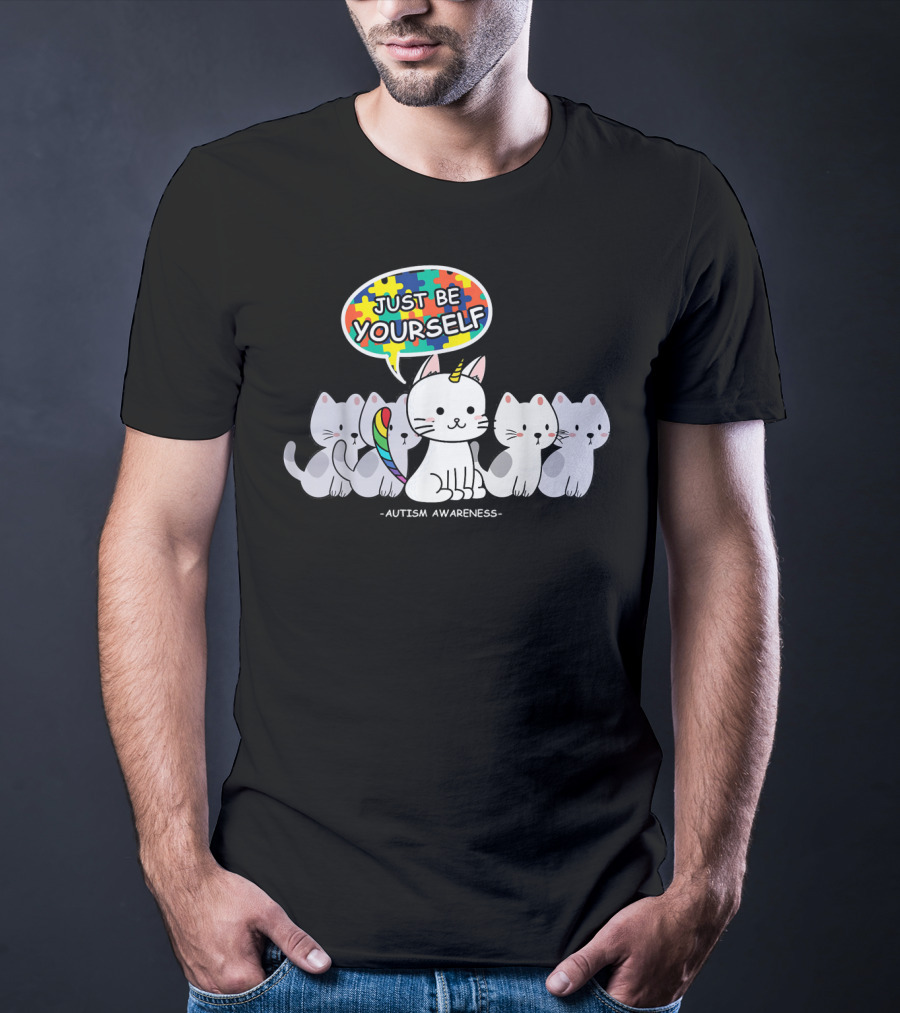 Autism Awareness Just Be Yourself Cat Unicorn With Puzzle T-Shirt