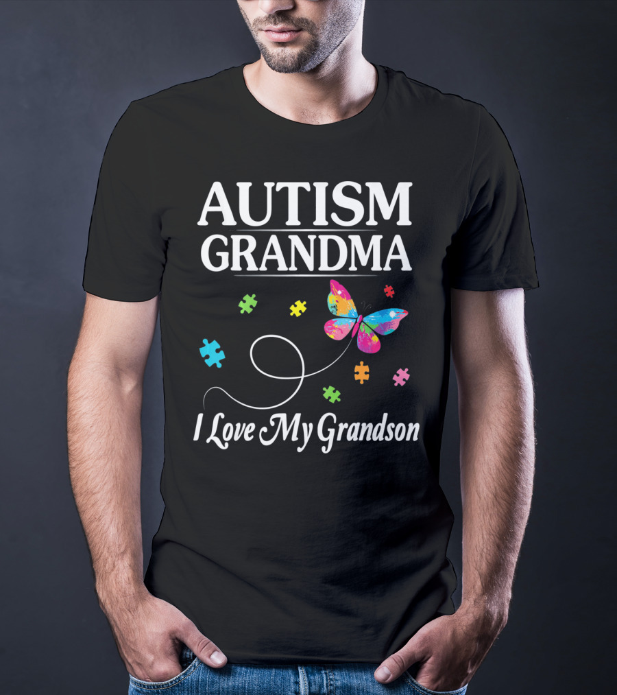 Autism Grandma I Love My Grandson Butterfly Puzzle Pieces T-Shirt