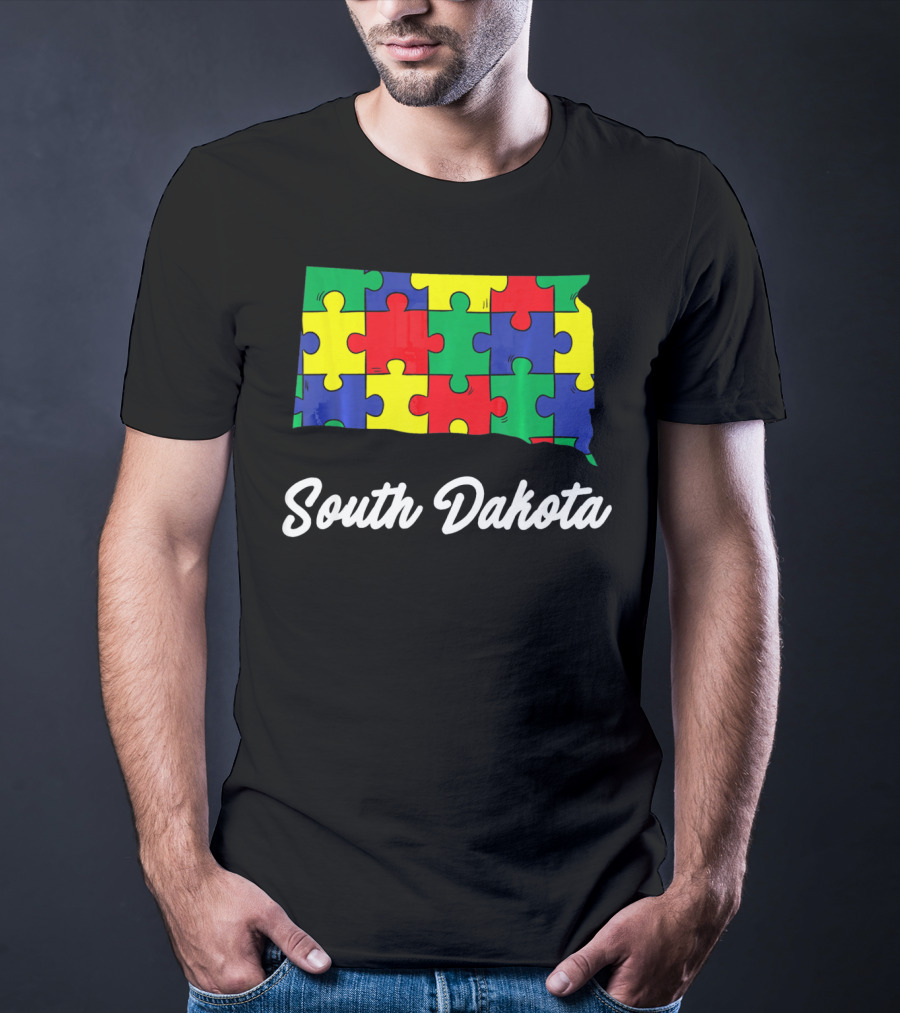 South Dakota Autism Awareness Puzzle Map T-Shirt