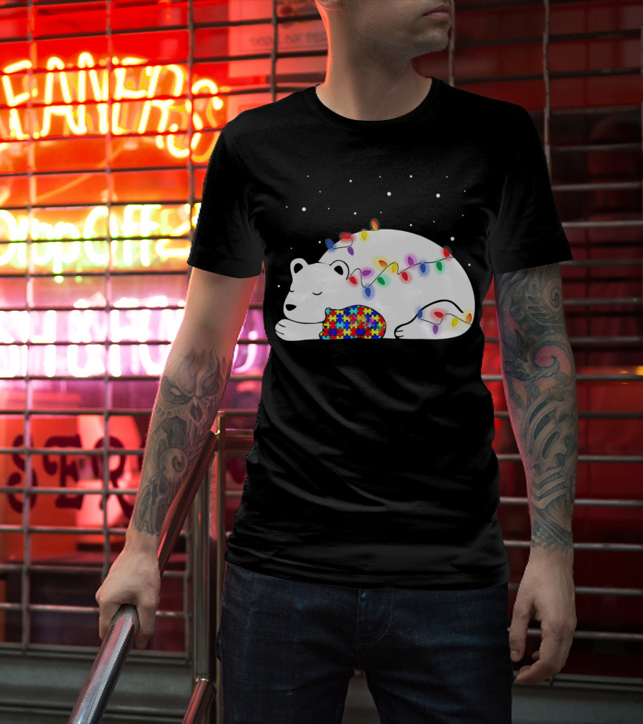 Autism Awareness Mama Bear Christmas Lights Puzzle T-Shirt