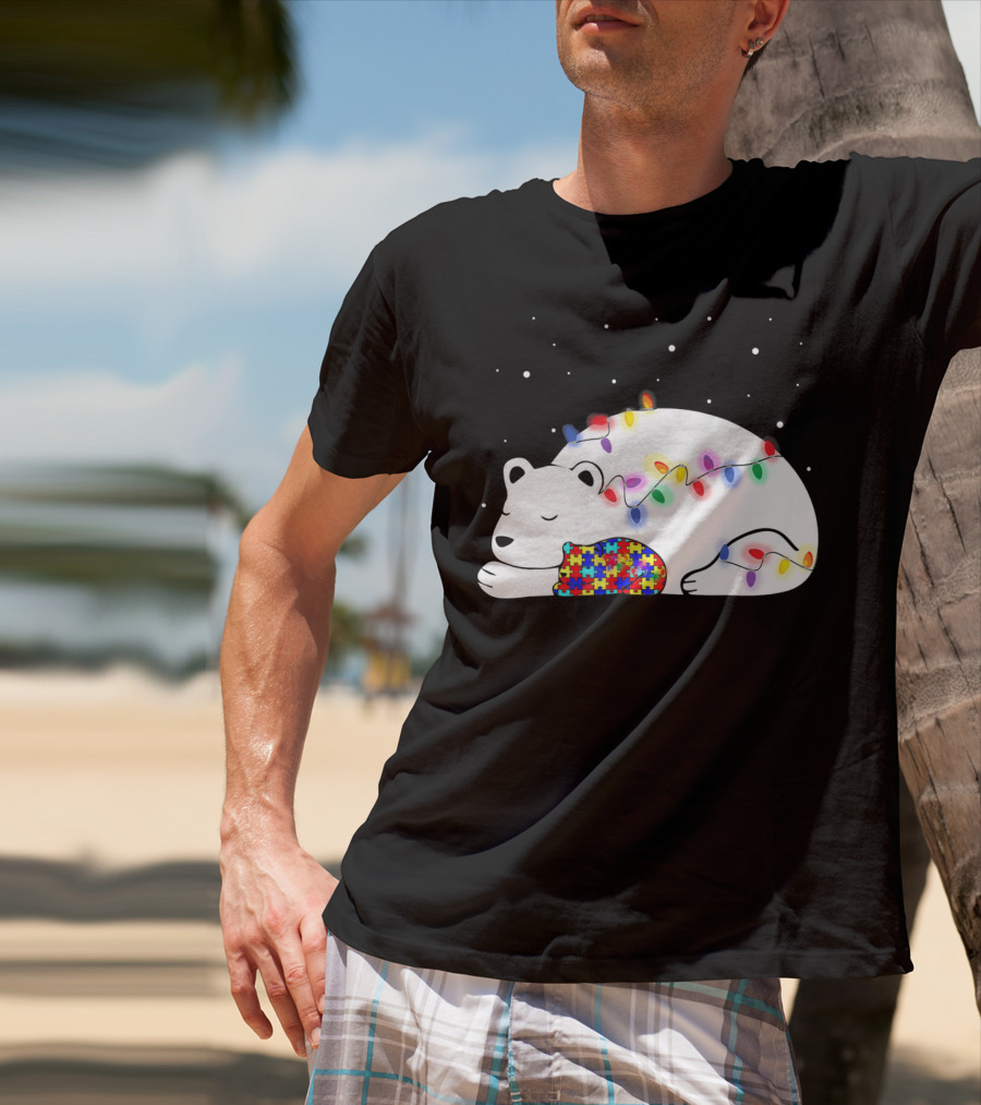 Autism Awareness Mama Bear Christmas Lights Puzzle T-Shirt