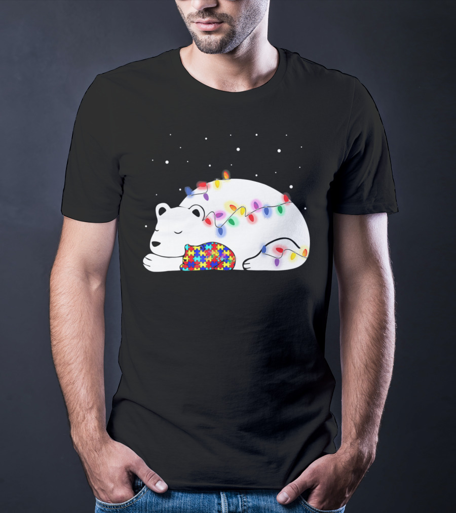 Autism Awareness Mama Bear Christmas Lights Puzzle T-Shirt