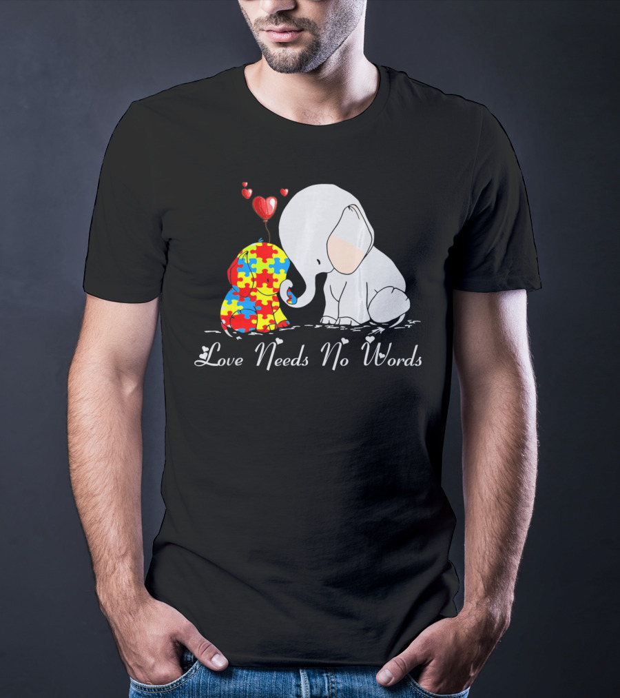 Love Needs No Words Autism Awareness Elephant Puzzle Hearts T-Shirt