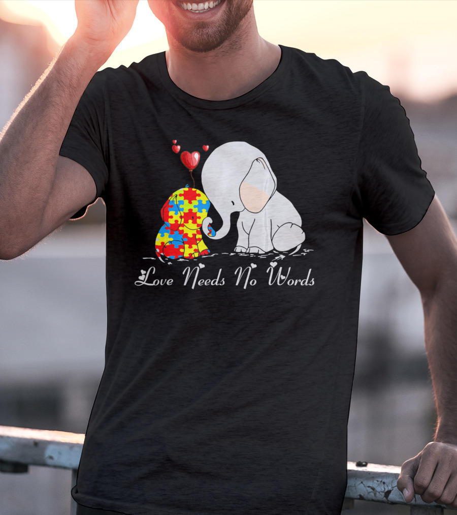 Love Needs No Words Autism Awareness Elephant Puzzle Hearts T-Shirt