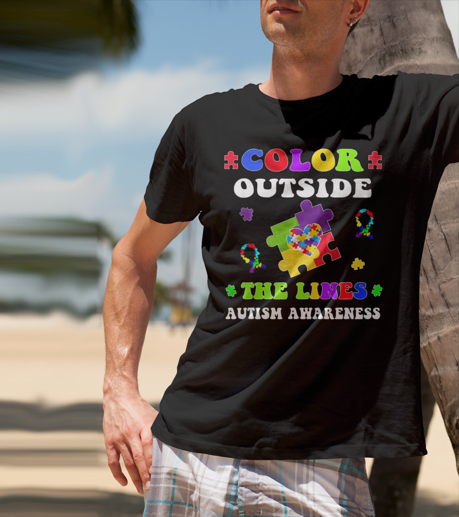 Color Outside The Lines Autism Awareness Puzzle Piece Heart T-Shirt