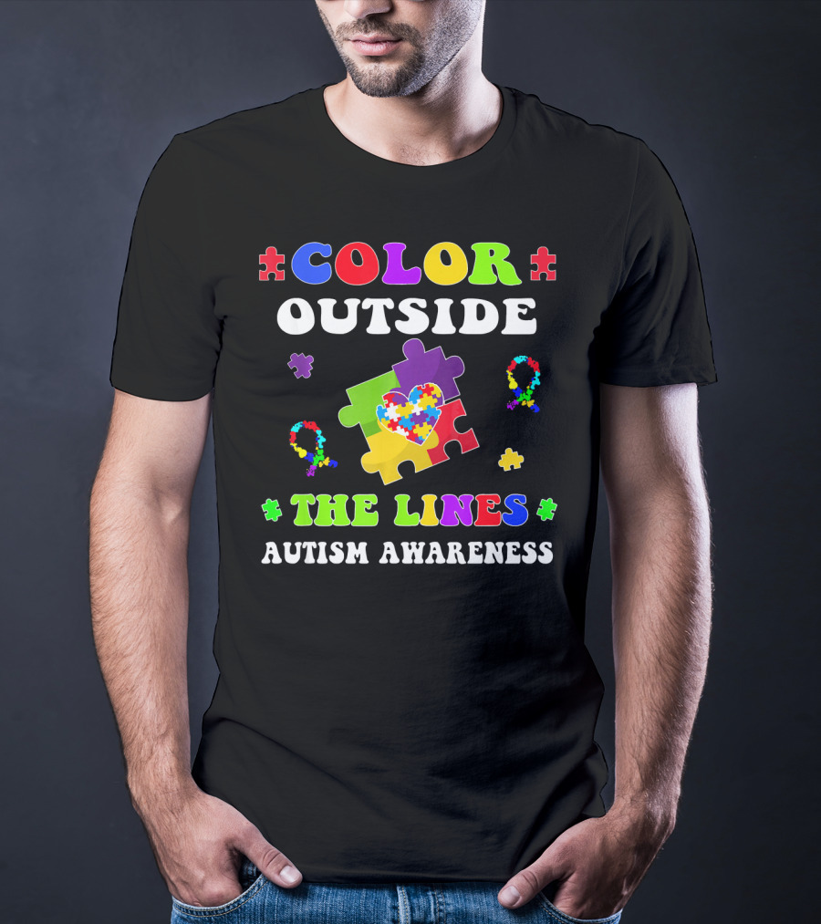 Color Outside The Lines Autism Awareness Puzzle Piece Heart T-Shirt