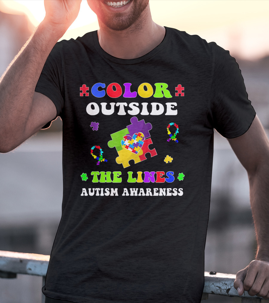 Color Outside The Lines Autism Awareness Puzzle Piece Heart T-Shirt