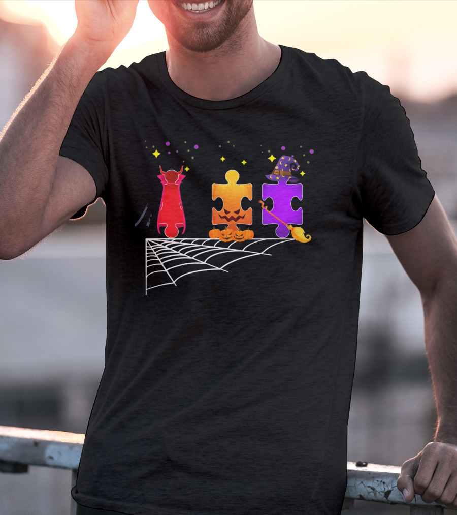 Autism Puzzle Pieces Halloween Witch And Vampire T-Shirt