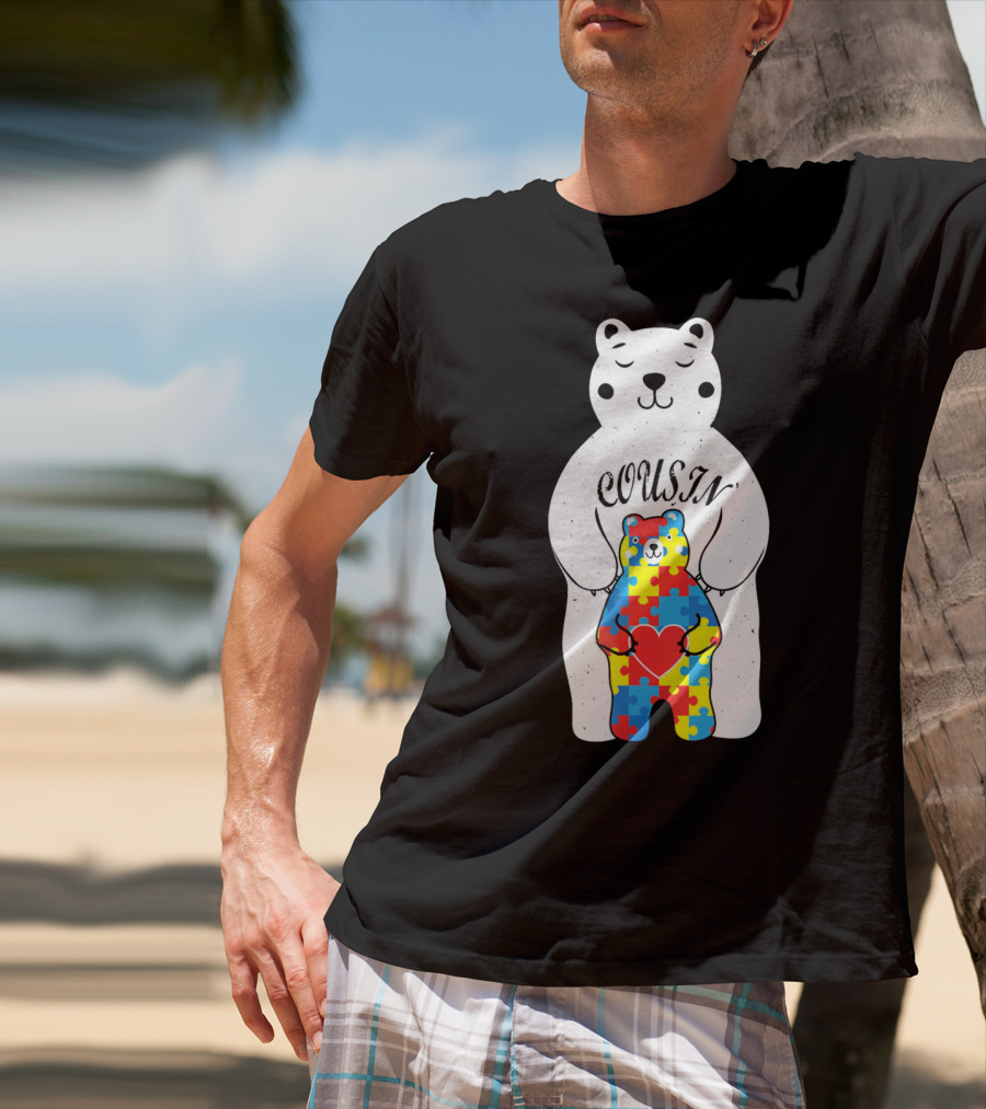 Cousin Bear Holding Autism Awareness Puzzle Heart ASD T-Shirt
