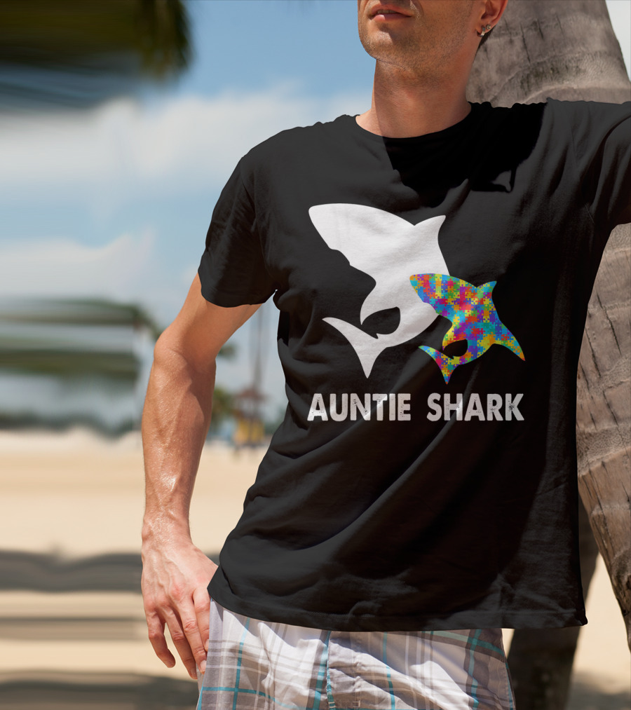Auntie Shark Autism Puzzle Piece Warrior T-Shirt