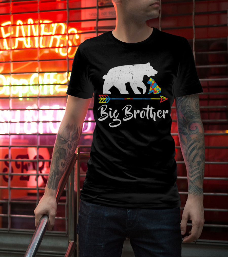 Big Brother Bear Autism Awareness Puzzle Pattern Arrow T-Shirt