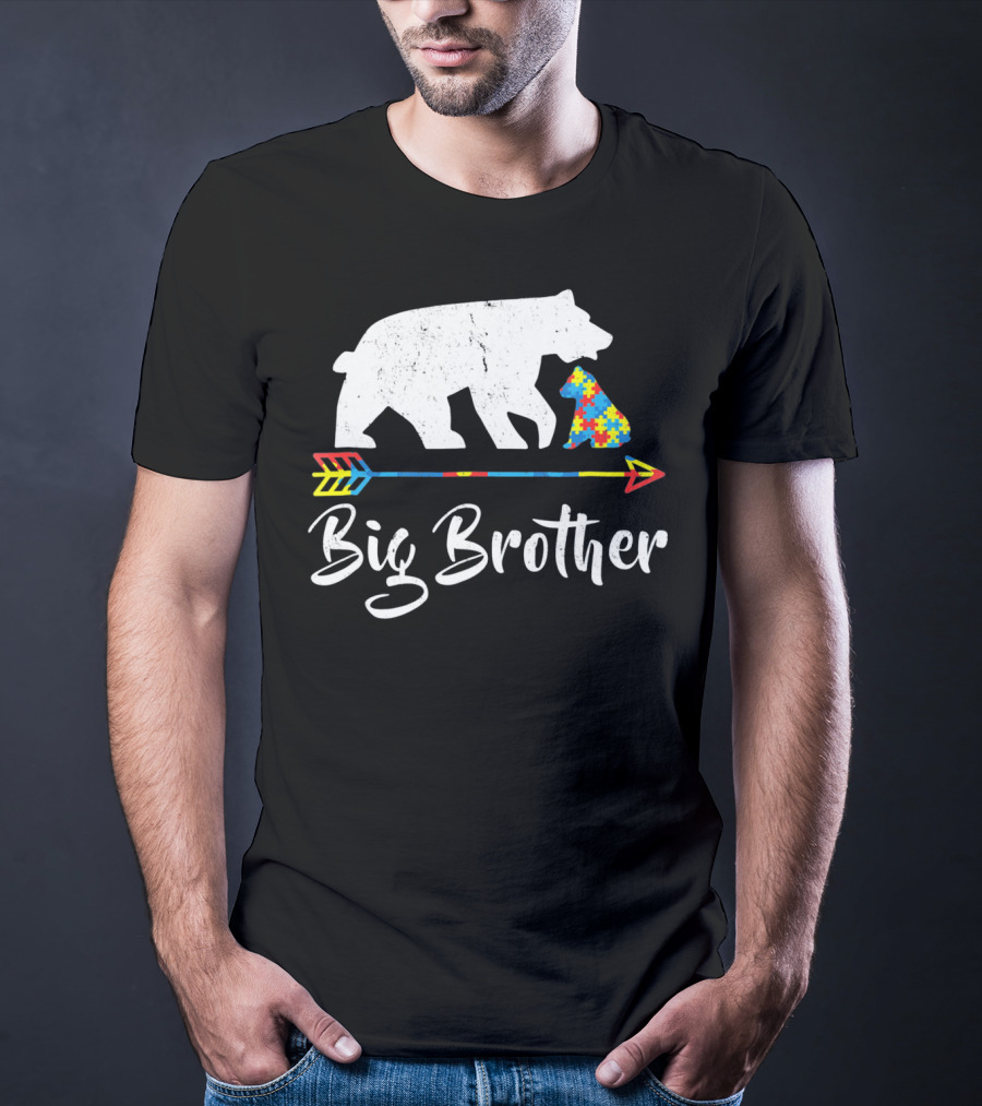Big Brother Bear Autism Awareness Puzzle Pattern Arrow T-Shirt