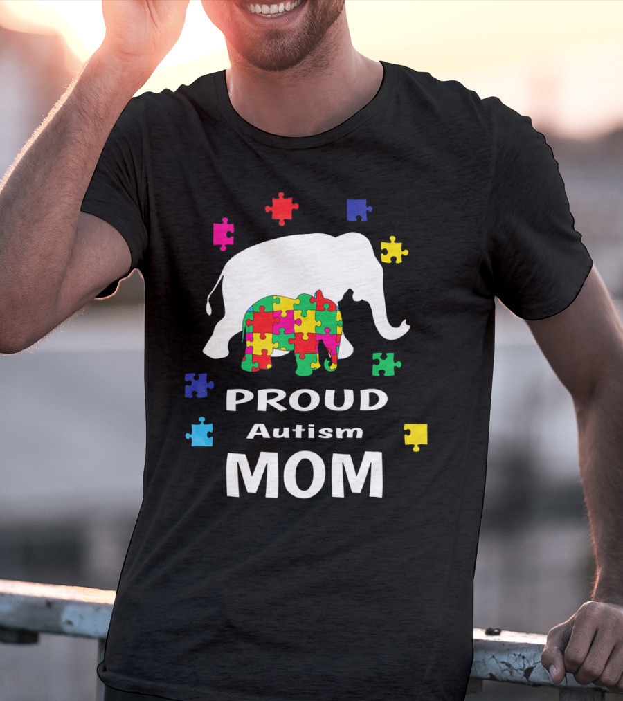 Proud Autism Mom Elephant Puzzle Piece Awareness T-Shirt