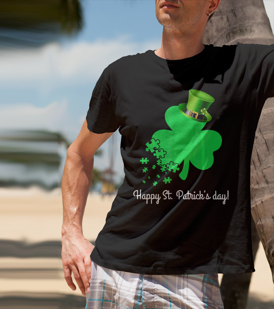 Happy St. Patrick's Day Shamrock With Puzzle Pieces Autism Awareness T-Shirt