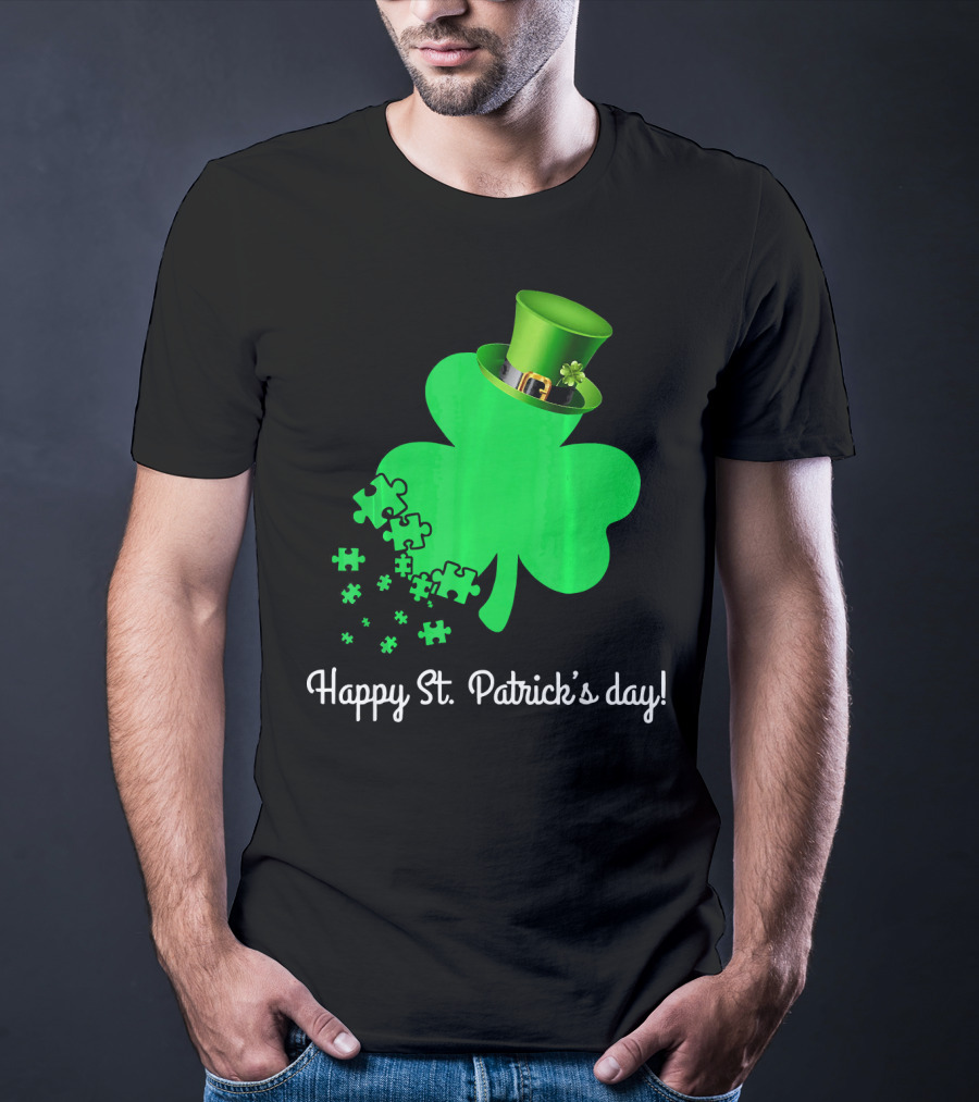 Happy St. Patrick's Day Shamrock With Puzzle Pieces Autism Awareness T-Shirt