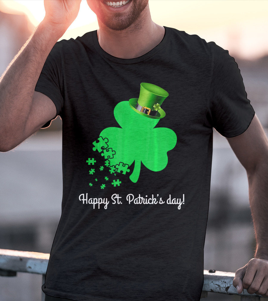 Happy St. Patrick's Day Shamrock With Puzzle Pieces Autism Awareness T-Shirt
