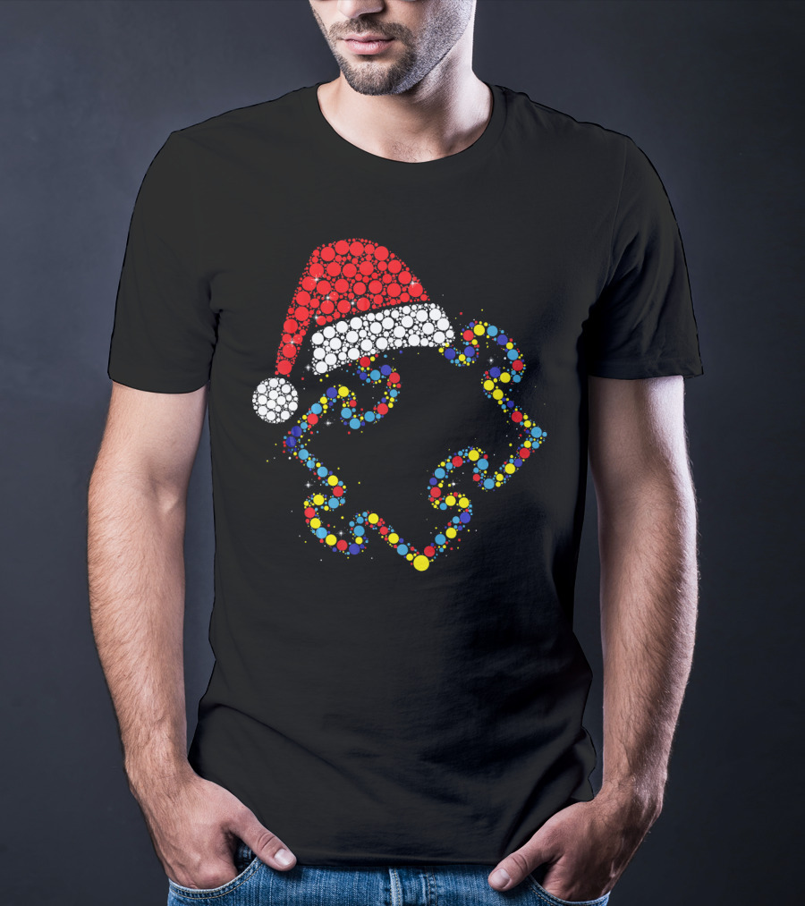 Santa Hat With Colorful Puzzle Pieces Autism Awareness T-Shirt