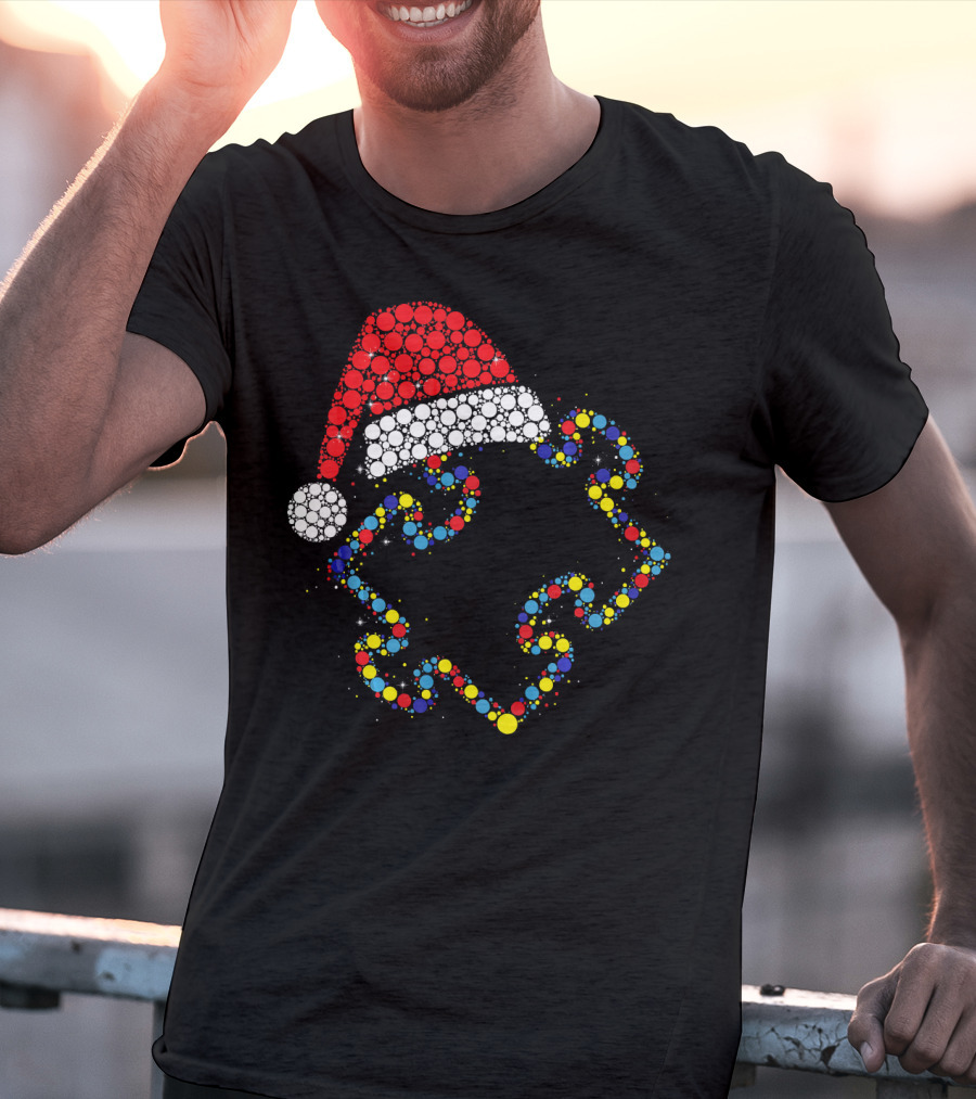 Santa Hat With Colorful Puzzle Pieces Autism Awareness T-Shirt