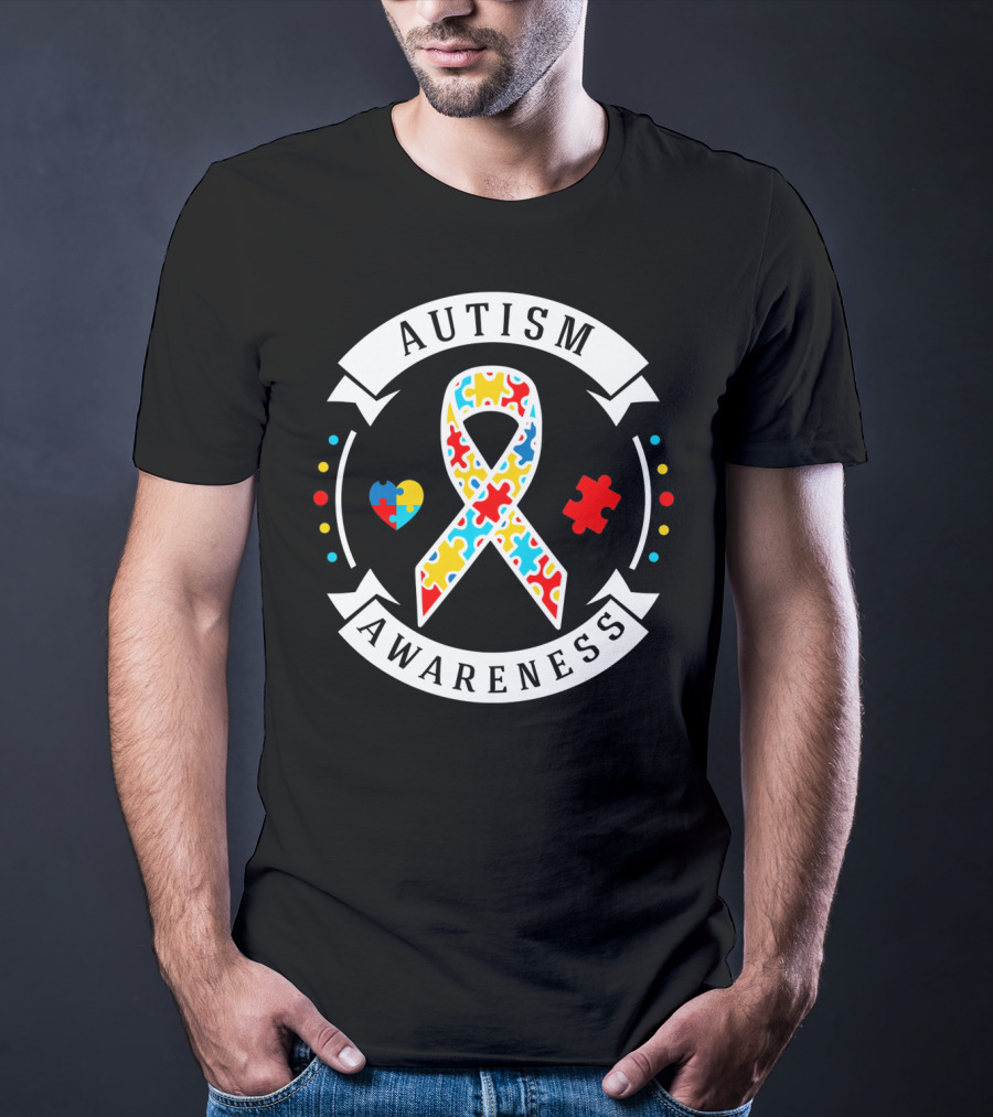 Autism Awareness White Puzzle Piece Ribbon Heart T-Shirt