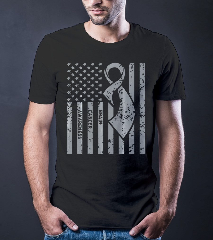 Brain Cancer Awareness Ribbon American Flag T-Shirt