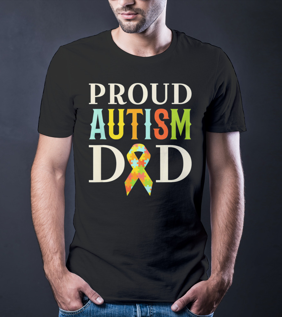 Proud Autism Dad Multicolor Puzzle Ribbon Awareness T-Shirt