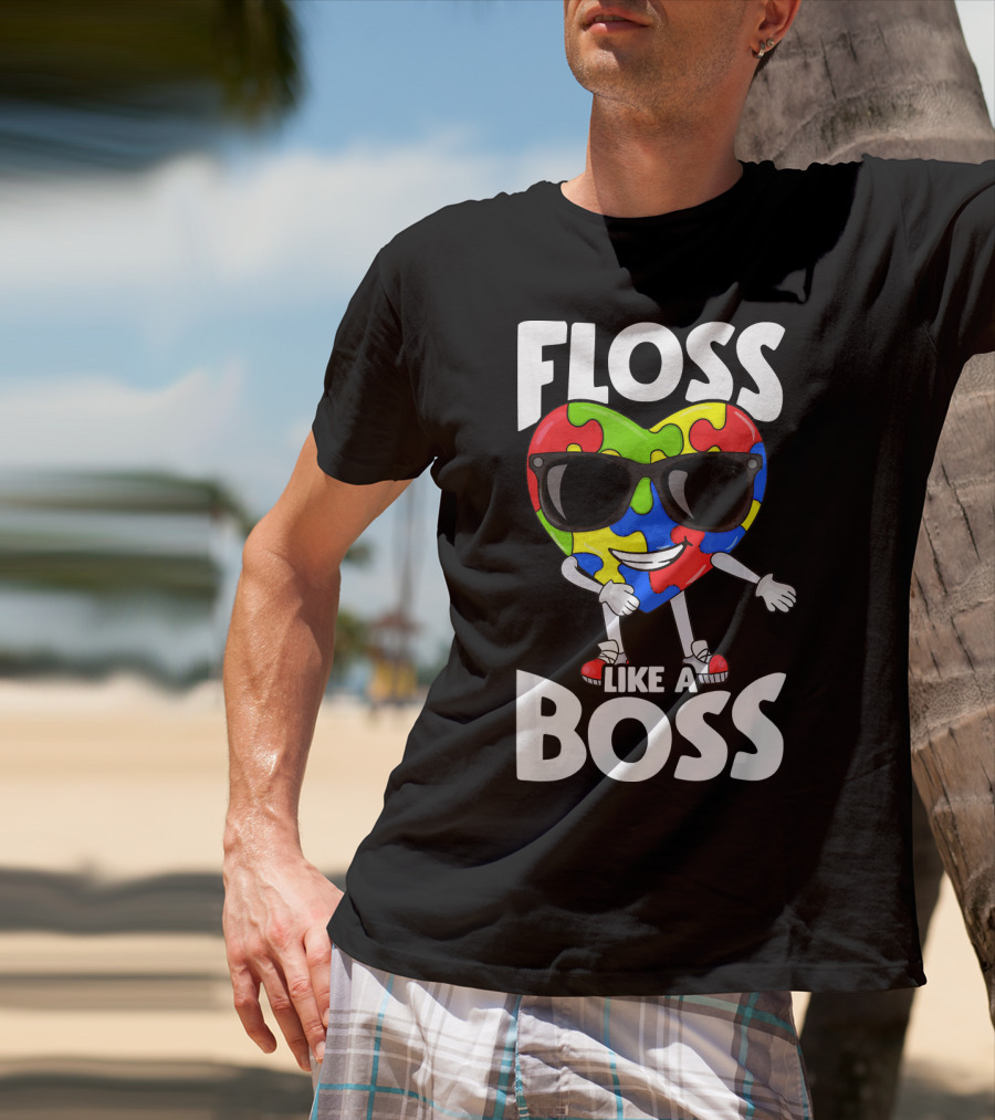 Autism Awareness Floss Like A Boss Puzzle Heart Wearing Sunglasses T-Shirt