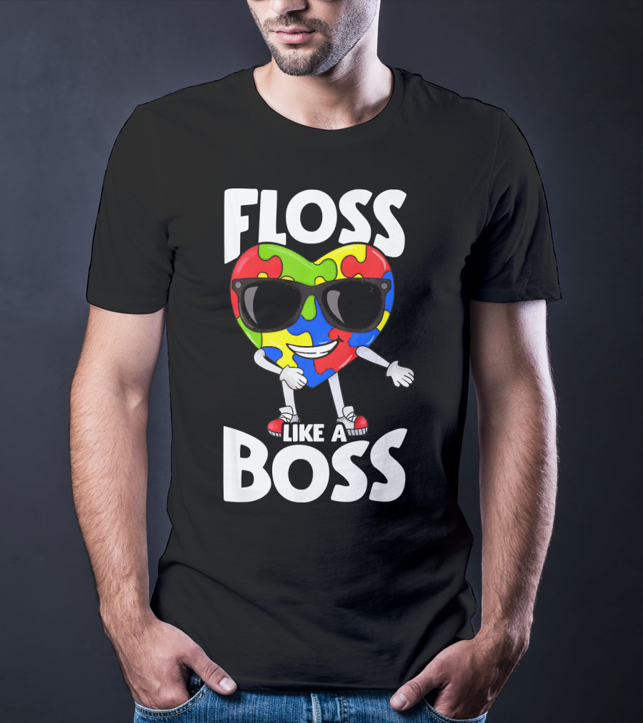 Autism Awareness Floss Like A Boss Puzzle Heart Wearing Sunglasses T-Shirt