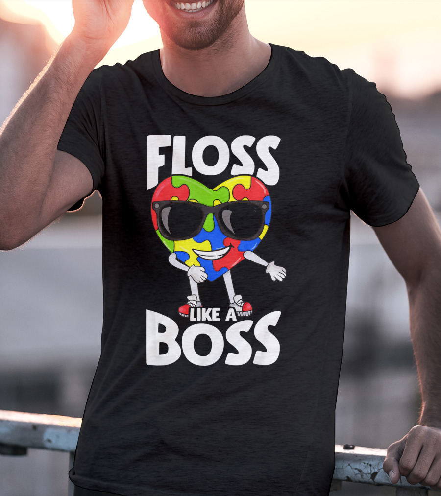 Autism Awareness Floss Like A Boss Puzzle Heart Wearing Sunglasses T-Shirt
