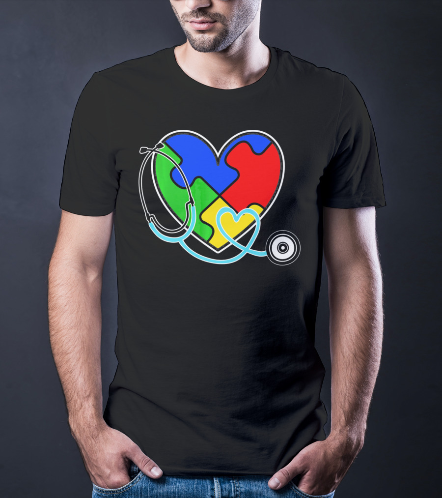 Nurses Autism Awareness Heart With Puzzle Pieces And Stethoscope T-Shirt