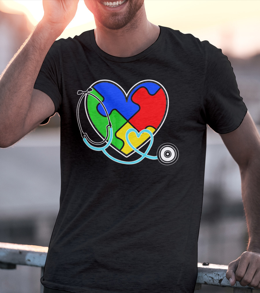 Nurses Autism Awareness Heart With Puzzle Pieces And Stethoscope T-Shirt
