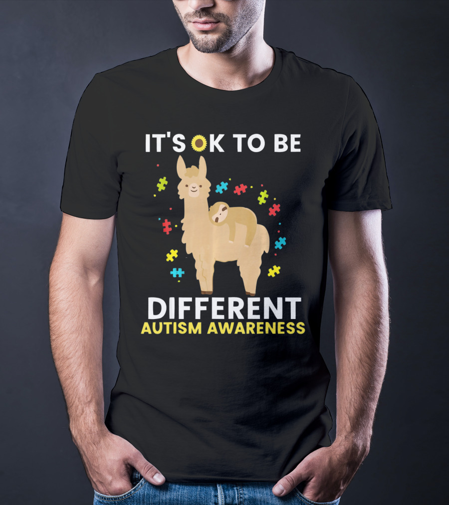 It's OK To Be Different Llama Sloth Autism Awareness T-Shirt