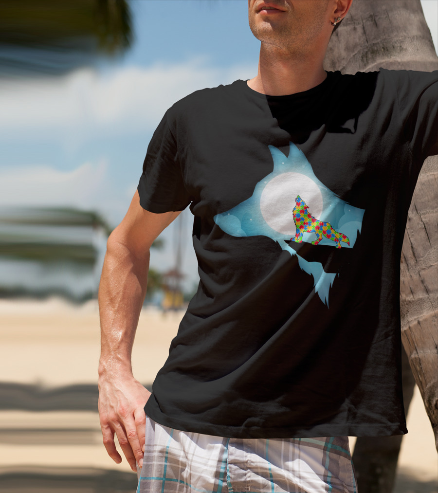 Wolf Wolf Autism Autism Awar Puzzle Wolf Moon T-Shirt