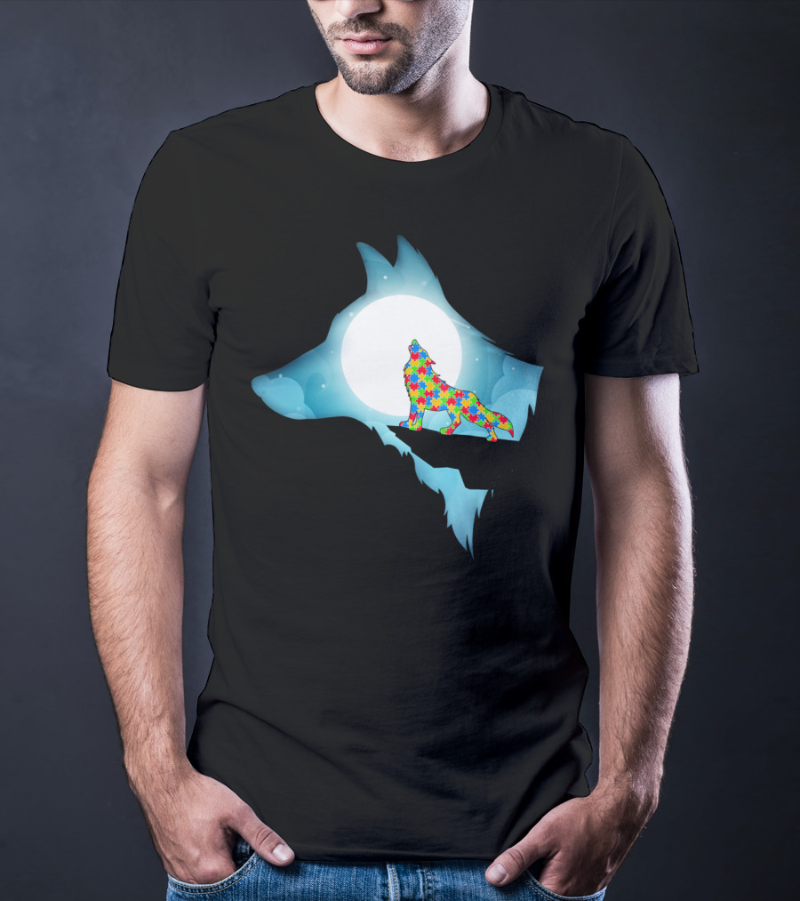 Wolf Wolf Autism Autism Awar Puzzle Wolf Moon T-Shirt