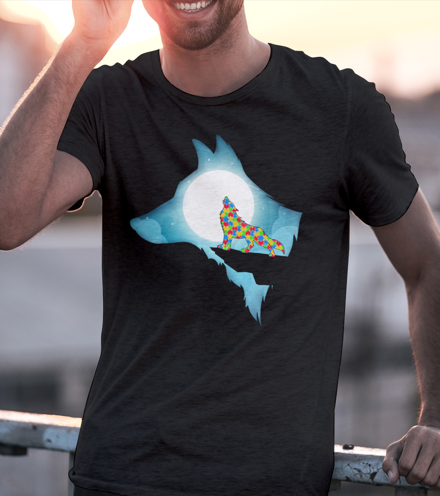 Wolf Wolf Autism Autism Awar Puzzle Wolf Moon T-Shirt