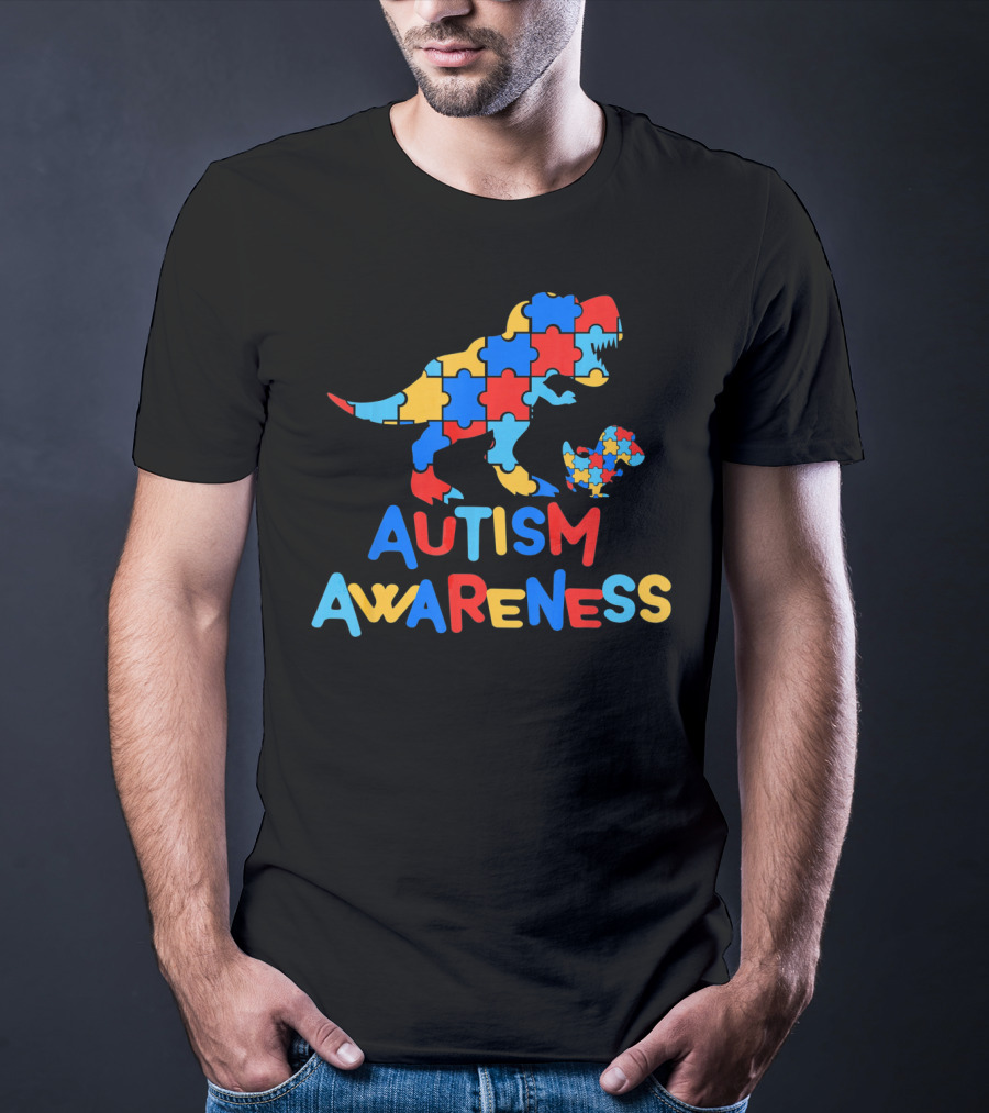 Dinosaur Puzzle Autism Awareness Colorful Piece T-Shirt