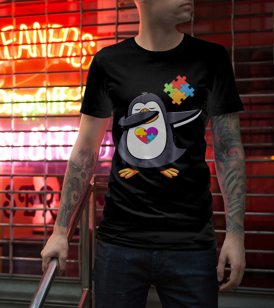 Penguin Dab Puzzle Piece Heart Autism Awareness T-Shirt