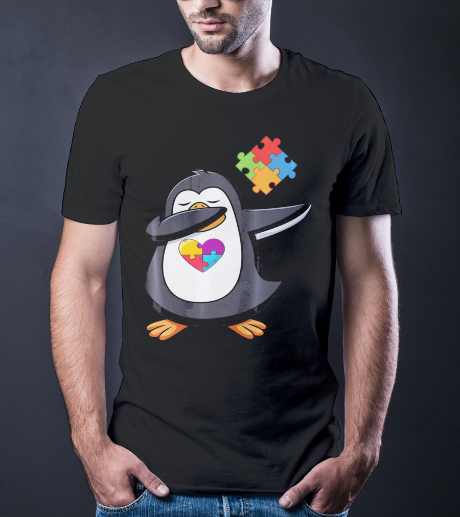 Penguin Dab Puzzle Piece Heart Autism Awareness T-Shirt