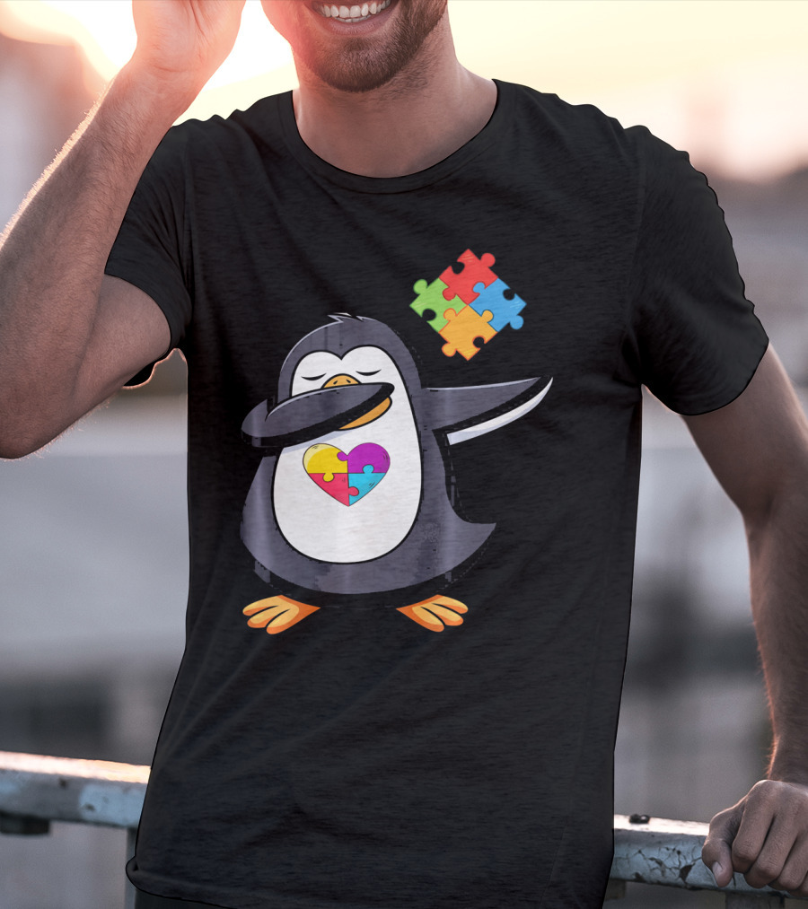 Penguin Dab Puzzle Piece Heart Autism Awareness T-Shirt