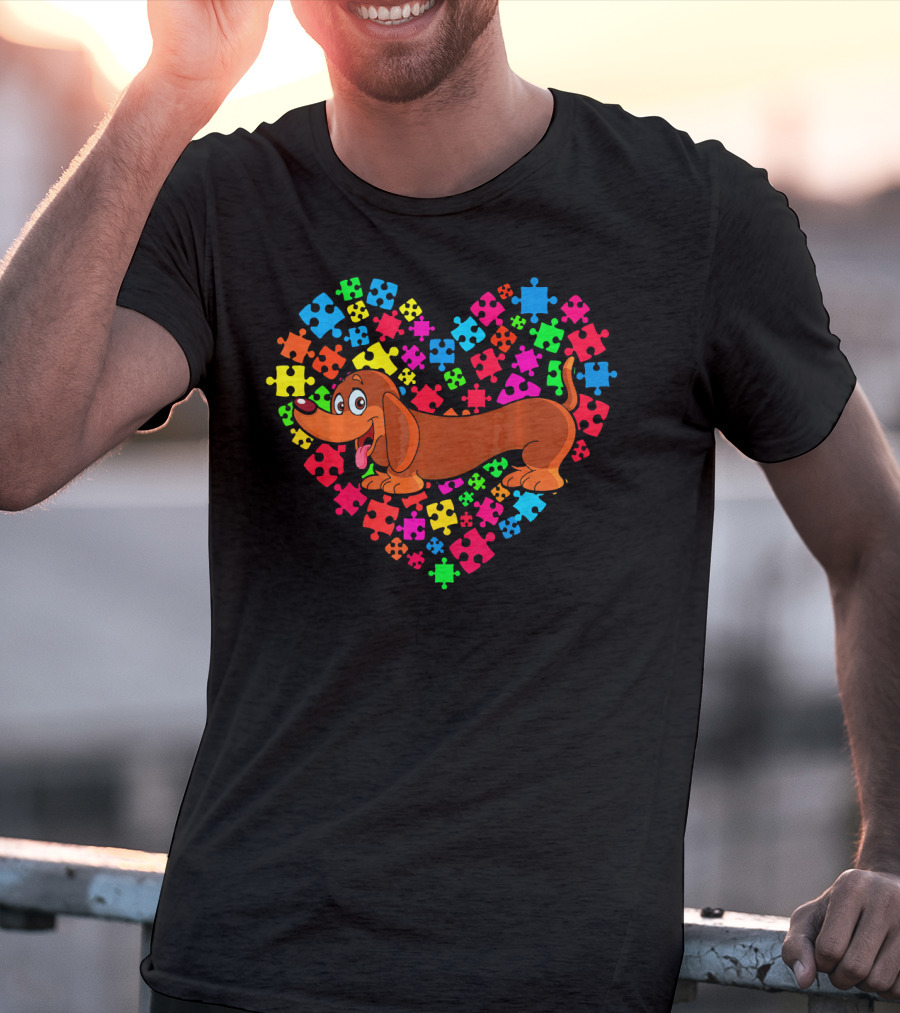Autism Awareness Dachshund Dog Heart Puzzle Pieces T-Shirt