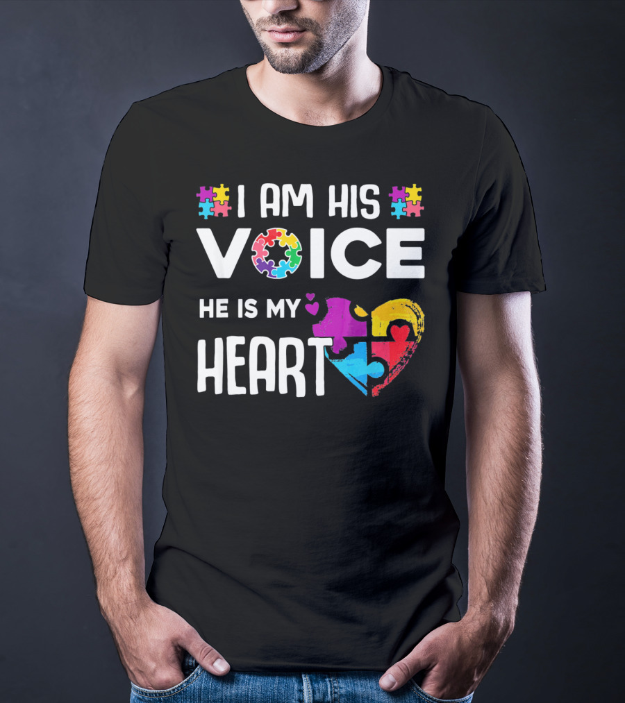 Autism Awareness I Am His Voice He Is My Heart Puzzle Piece Heart T-Shirt