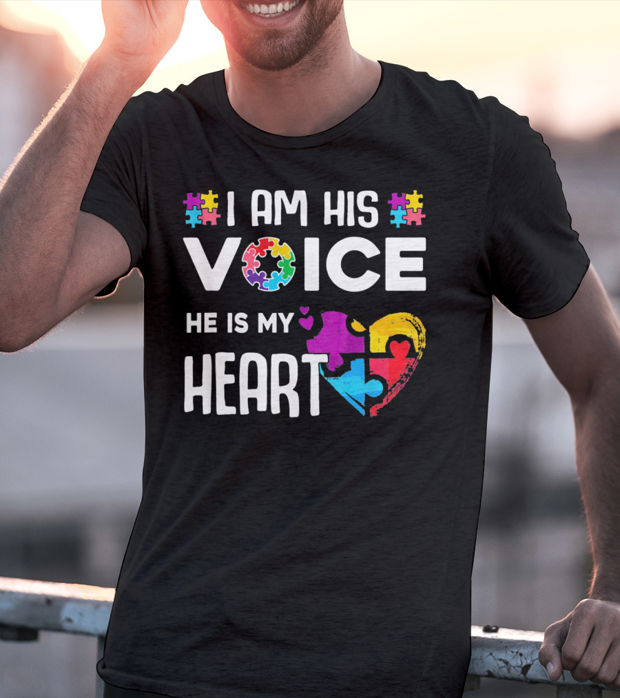 Autism Awareness I Am His Voice He Is My Heart Puzzle Piece Heart T-Shirt