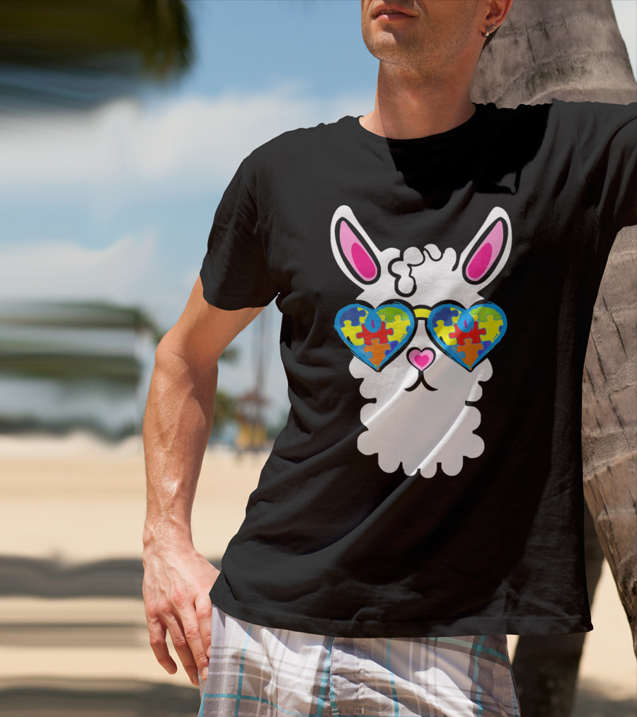 Autism Awareness Llama Heart Puzzle Sunglasses T-Shirt